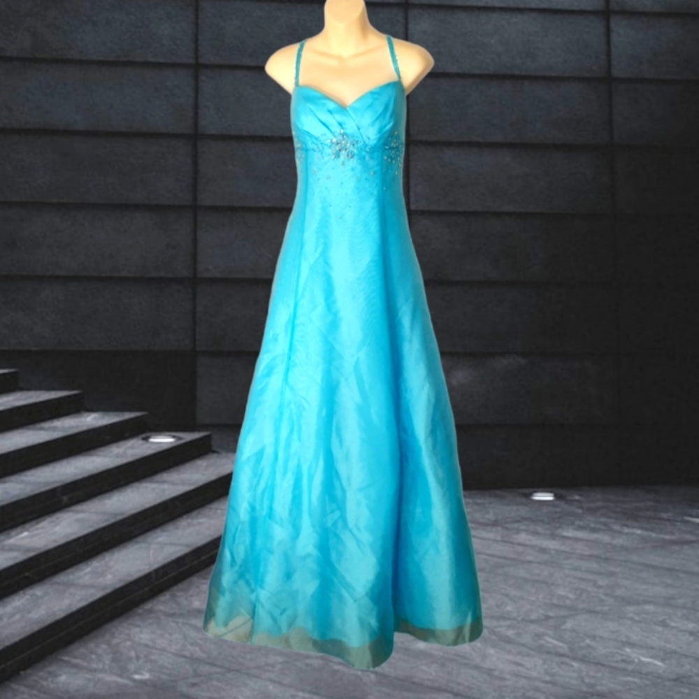 DAVIDS BRIDAL Formal Sky Blue Iridescent Rhinestone Embellished Tulle Ball Gown
